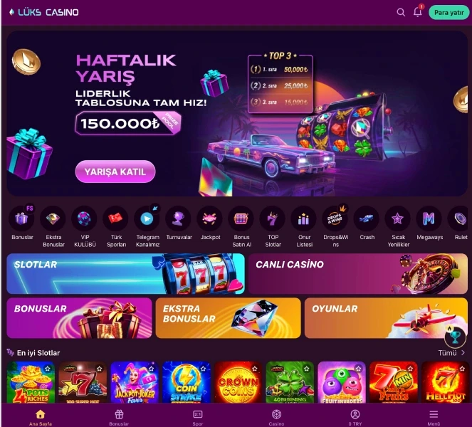 Luksgazino main lobby screen with a Weekly Race banner, quick category icons and a Top Slots row